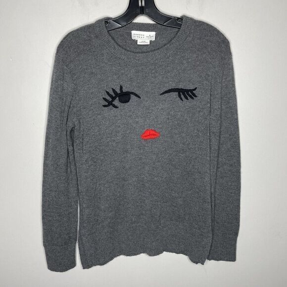 KATE SPADE Sweater Women XS Gray Embroidered Winking Face Pullover Wool Blend - Picture 1 of 10